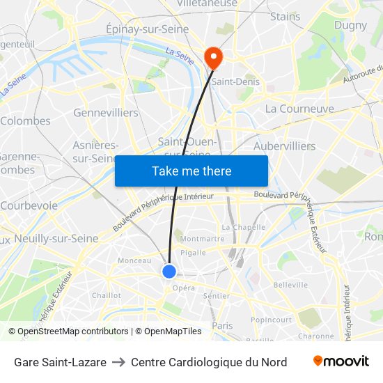 Gare Saint-Lazare to Centre Cardiologique du Nord map