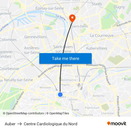 Auber to Centre Cardiologique du Nord map