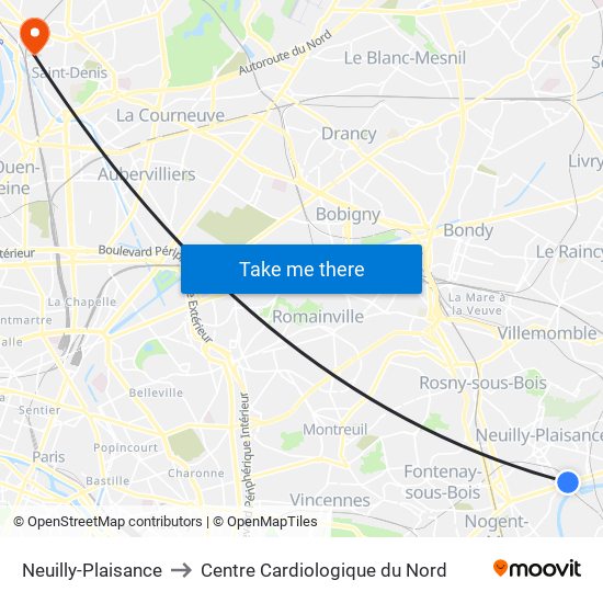 Neuilly-Plaisance to Centre Cardiologique du Nord map
