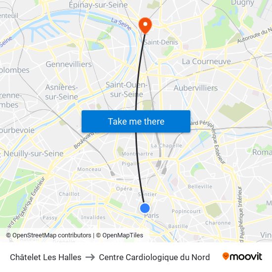 Châtelet Les Halles to Centre Cardiologique du Nord map