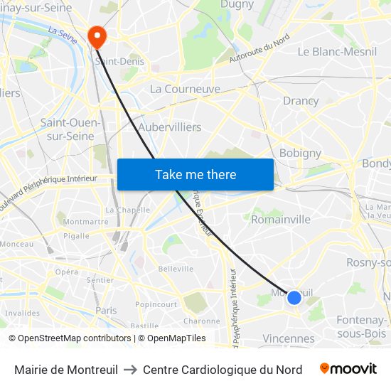 Mairie de Montreuil to Centre Cardiologique du Nord map