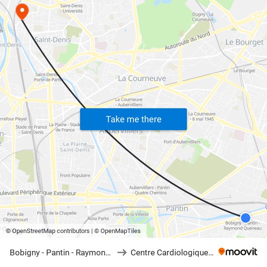 Bobigny - Pantin - Raymond Queneau to Centre Cardiologique du Nord map