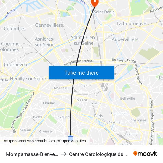 Montparnasse-Bienvenue to Centre Cardiologique du Nord map