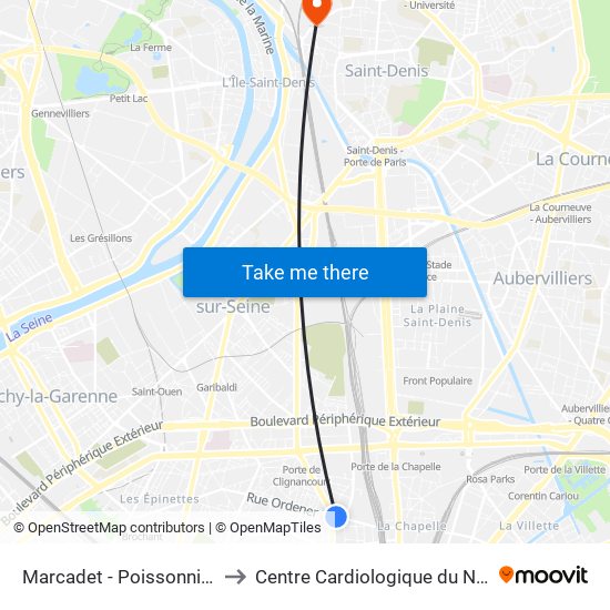Marcadet - Poissonniers to Centre Cardiologique du Nord map