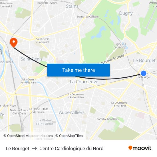 Le Bourget to Centre Cardiologique du Nord map