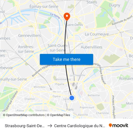 Strasbourg-Saint-Denis to Centre Cardiologique du Nord map