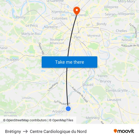 Brétigny to Centre Cardiologique du Nord map