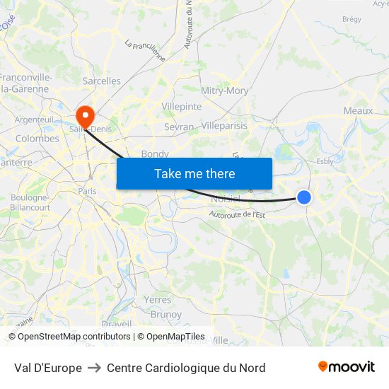 Val D'Europe to Centre Cardiologique du Nord map