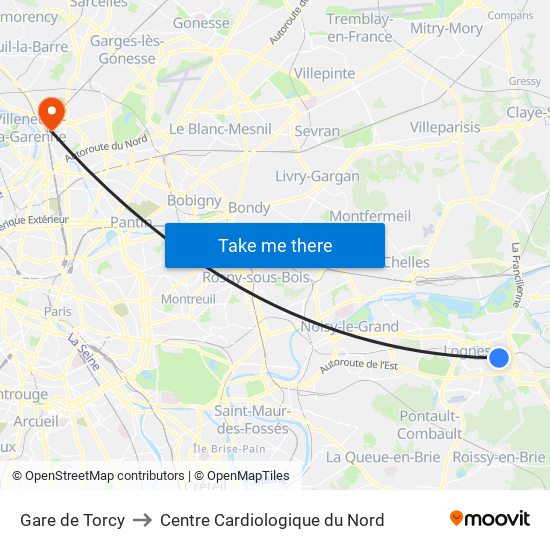 Gare de Torcy to Centre Cardiologique du Nord map