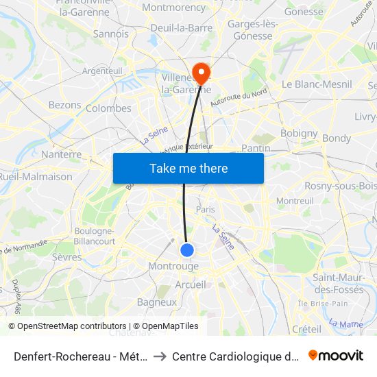 Denfert-Rochereau - Métro-Rer to Centre Cardiologique du Nord map