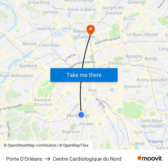 Porte D'Orléans to Centre Cardiologique du Nord map