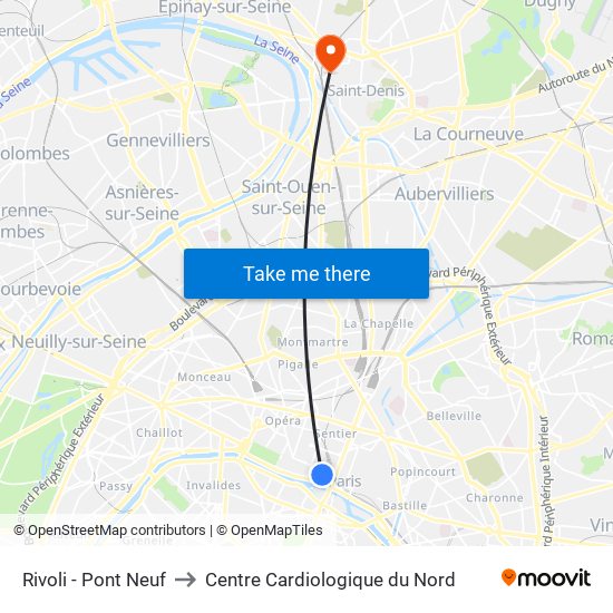 Rivoli - Pont Neuf to Centre Cardiologique du Nord map