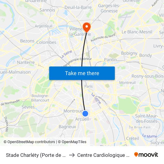 Stade Charléty (Porte de Gentilly) to Centre Cardiologique du Nord map