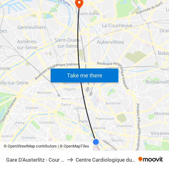 Gare D'Austerlitz - Cour Seine to Centre Cardiologique du Nord map