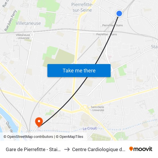 Gare de Pierrefitte - Stains RER to Centre Cardiologique du Nord map