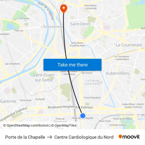 Porte de la Chapelle to Centre Cardiologique du Nord map