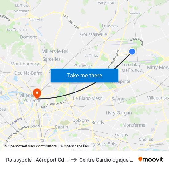 Roissypole - Aéroport Cdg1 (G1) to Centre Cardiologique du Nord map