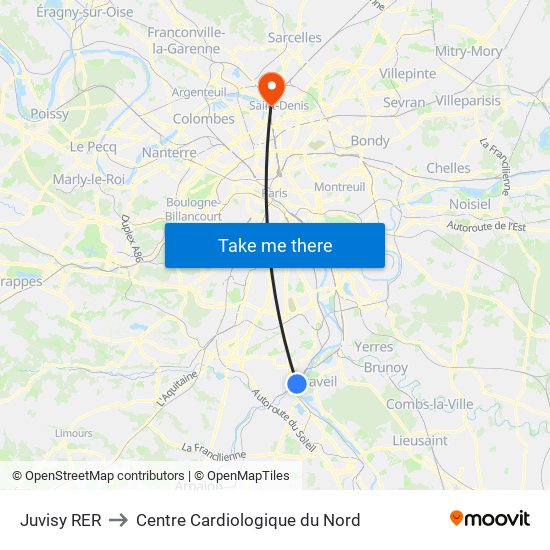 Juvisy RER to Centre Cardiologique du Nord map