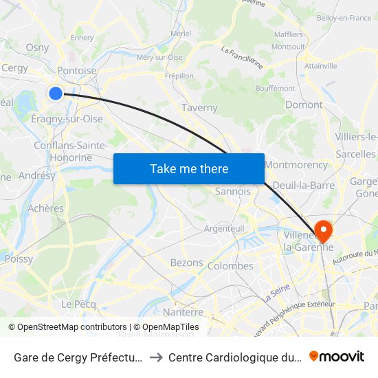 Gare de Cergy Préfecture (C) to Centre Cardiologique du Nord map