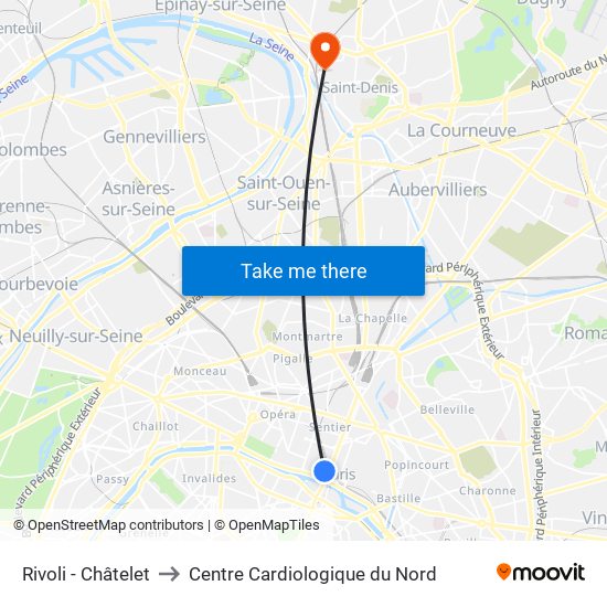 Rivoli - Châtelet to Centre Cardiologique du Nord map