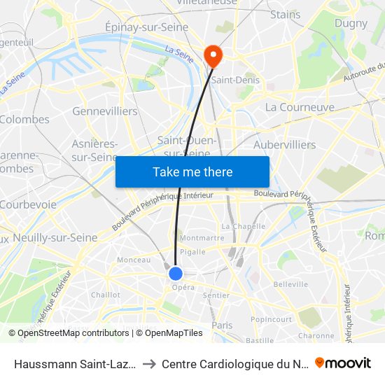 Haussmann Saint-Lazare to Centre Cardiologique du Nord map