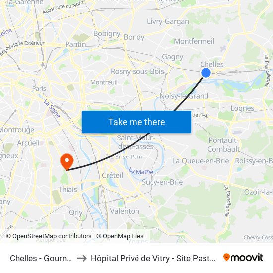 Chelles - Gournay to Hôpital Privé de Vitry - Site Pasteur map