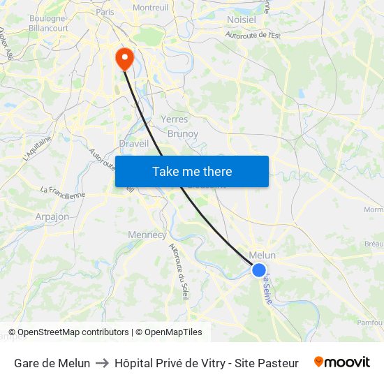 Gare de Melun to Hôpital Privé de Vitry - Site Pasteur map