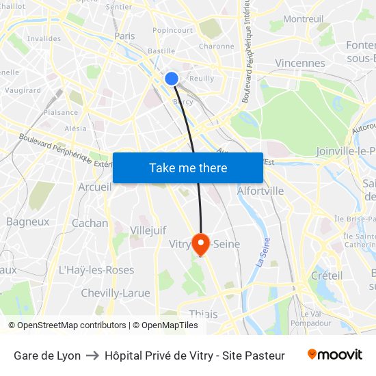 Gare de Lyon to Hôpital Privé de Vitry - Site Pasteur map