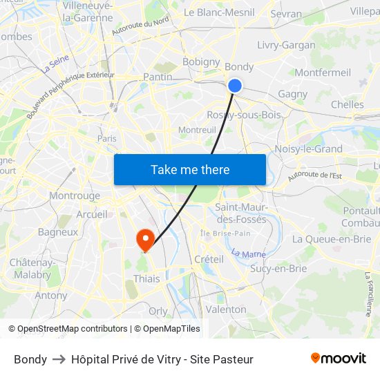 Bondy to Hôpital Privé de Vitry - Site Pasteur map