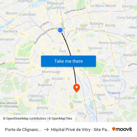 Porte de Clignancourt to Hôpital Privé de Vitry - Site Pasteur map