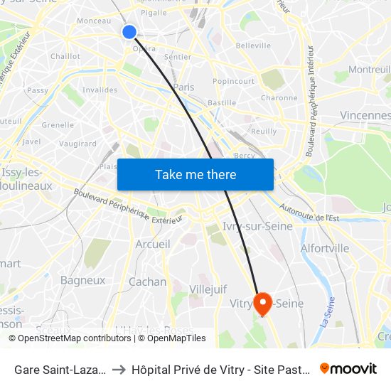 Gare Saint-Lazare to Hôpital Privé de Vitry - Site Pasteur map