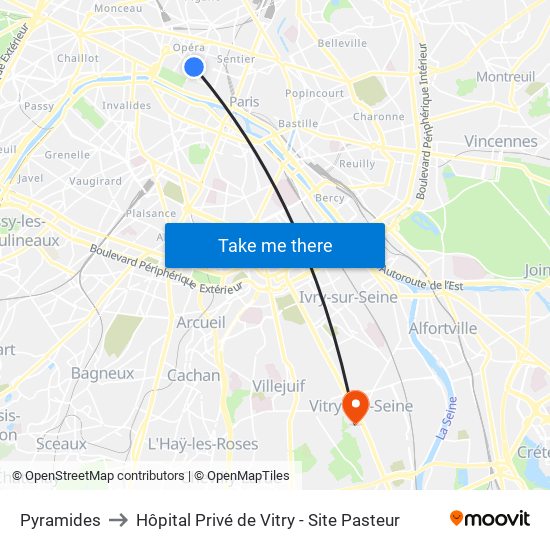 Pyramides to Hôpital Privé de Vitry - Site Pasteur map