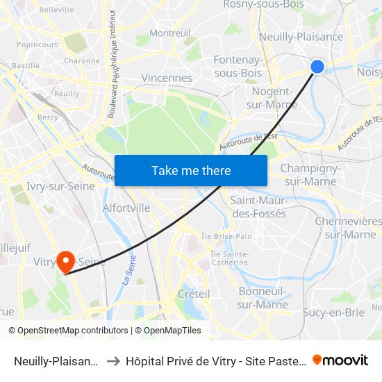 Neuilly-Plaisance to Hôpital Privé de Vitry - Site Pasteur map
