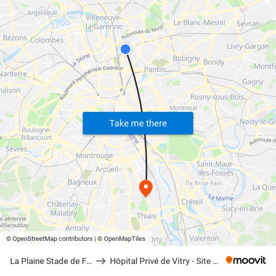 La Plaine Stade de France to Hôpital Privé de Vitry - Site Pasteur map