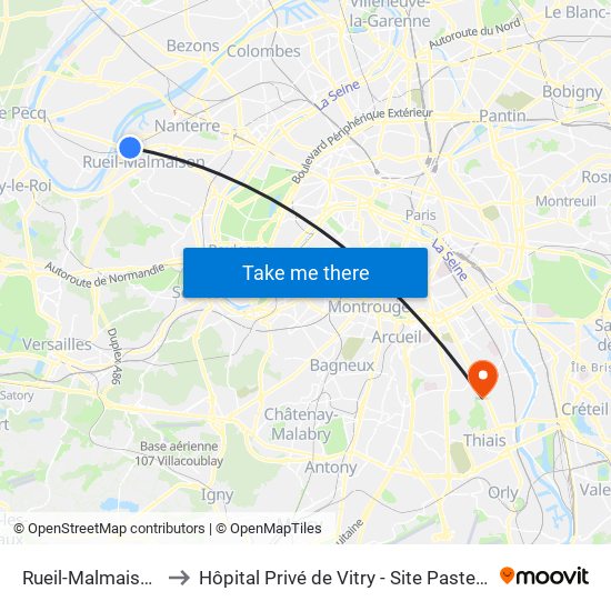 Rueil-Malmaison to Hôpital Privé de Vitry - Site Pasteur map