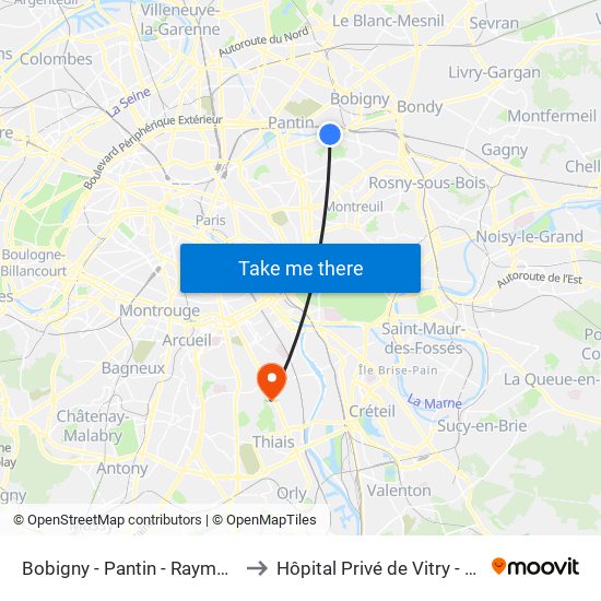 Bobigny - Pantin - Raymond Queneau to Hôpital Privé de Vitry - Site Pasteur map