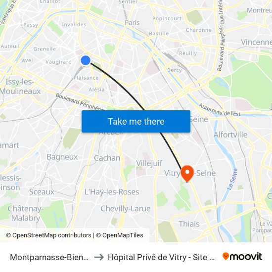 Montparnasse-Bienvenue to Hôpital Privé de Vitry - Site Pasteur map