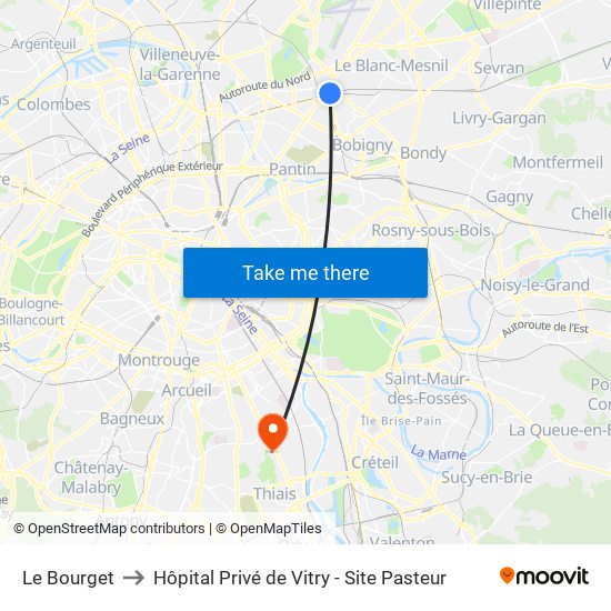 Le Bourget to Hôpital Privé de Vitry - Site Pasteur map