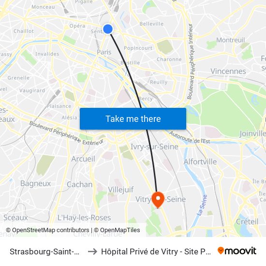 Strasbourg-Saint-Denis to Hôpital Privé de Vitry - Site Pasteur map