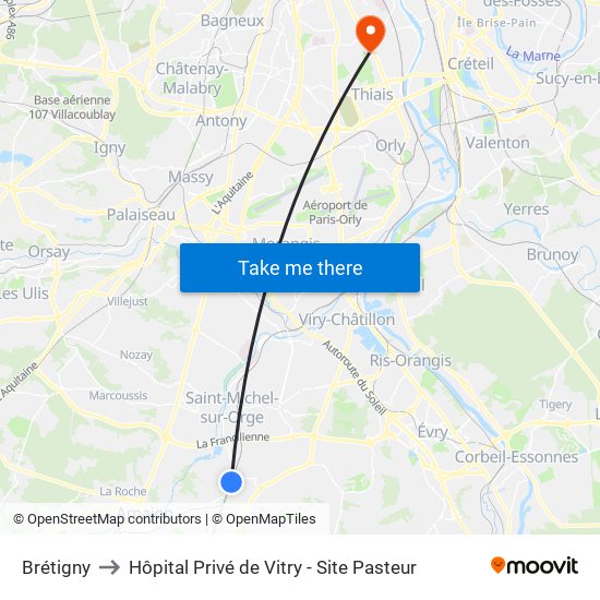 Brétigny to Hôpital Privé de Vitry - Site Pasteur map