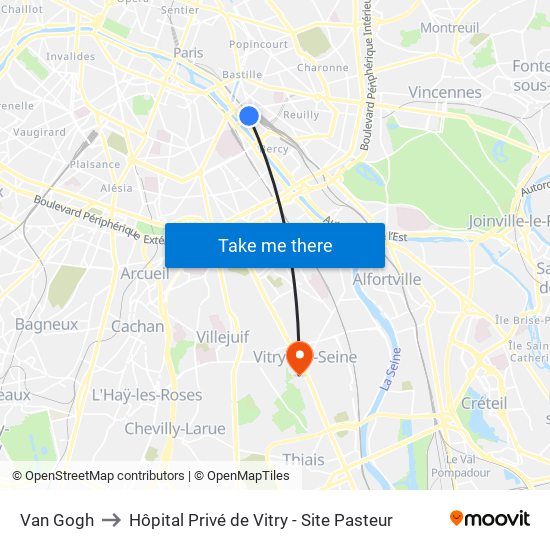 Van Gogh to Hôpital Privé de Vitry - Site Pasteur map