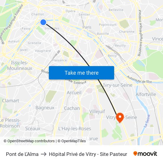 Pont de L'Alma to Hôpital Privé de Vitry - Site Pasteur map