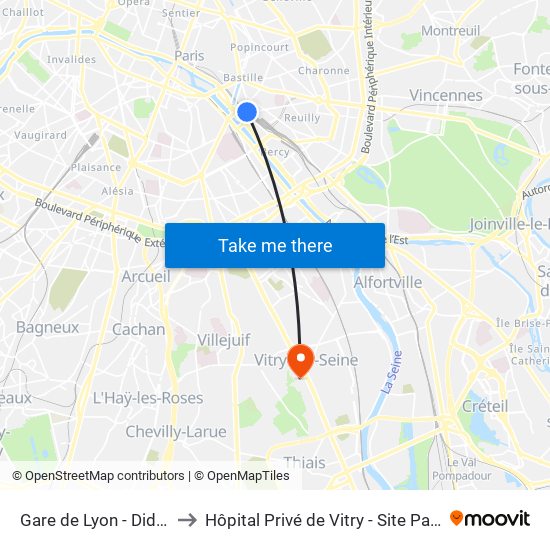 Gare de Lyon - Diderot to Hôpital Privé de Vitry - Site Pasteur map