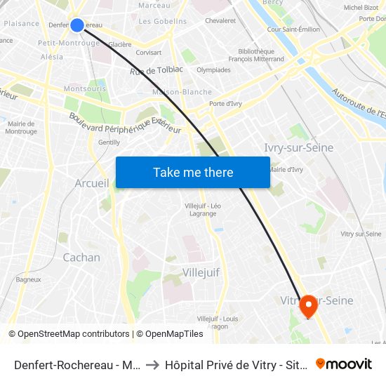 Denfert-Rochereau - Métro-Rer to Hôpital Privé de Vitry - Site Pasteur map