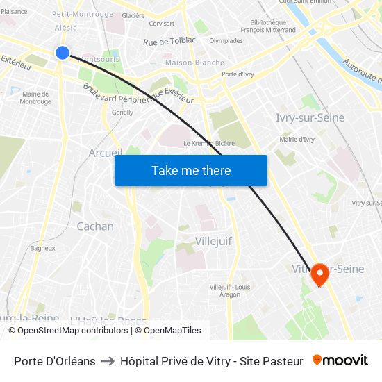 Porte D'Orléans to Hôpital Privé de Vitry - Site Pasteur map