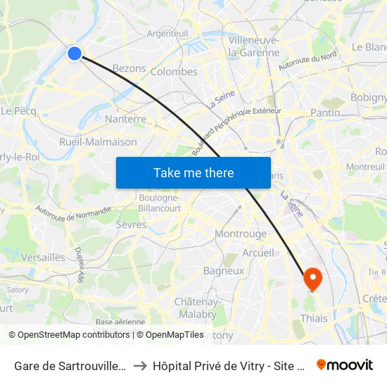 Gare de Sartrouville - RER to Hôpital Privé de Vitry - Site Pasteur map