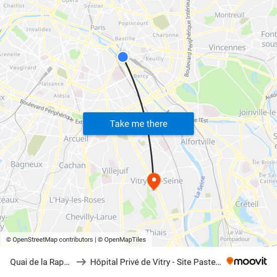 Quai de la Rapée to Hôpital Privé de Vitry - Site Pasteur map