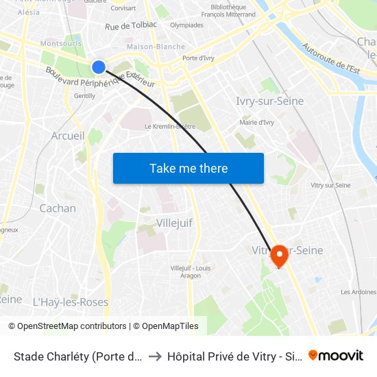 Stade Charléty (Porte de Gentilly) to Hôpital Privé de Vitry - Site Pasteur map