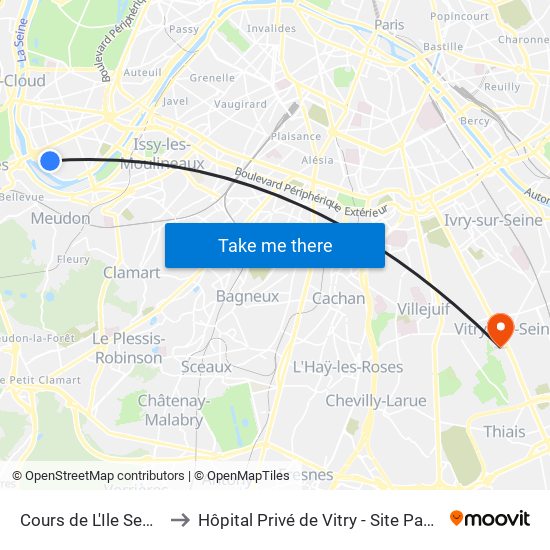 Cours de L'Ile Seguin to Hôpital Privé de Vitry - Site Pasteur map