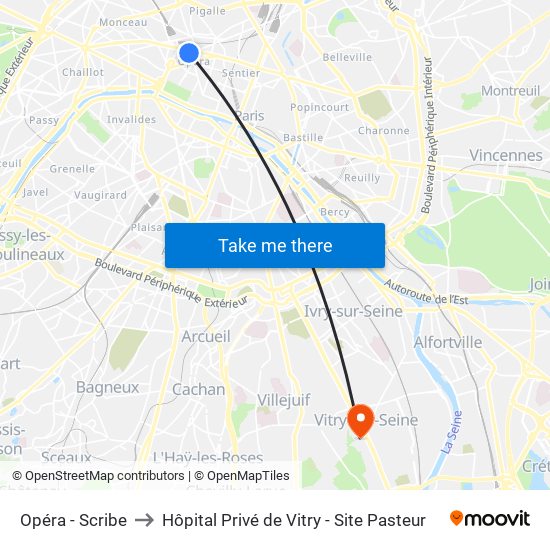 Opéra - Scribe to Hôpital Privé de Vitry - Site Pasteur map